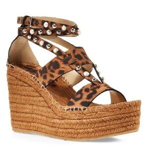 Jimmy Choo DANICA 110 Leopard Print Suede w/ Pearls and Studs Wedges 38